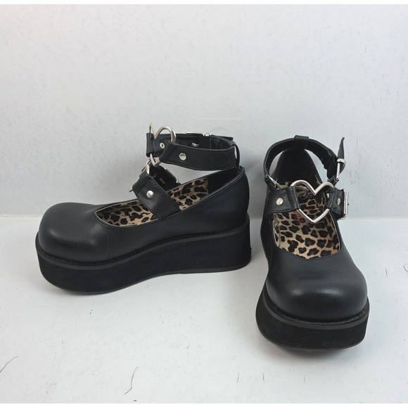 Demonia Shoes - Demonia Sprite-02 Women's Size 8 Black Mary Janes Heart Buckles Platform Goth